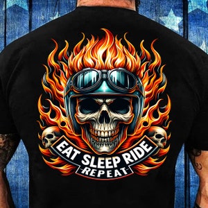 Eat Sleep Ride Repeat PNG Sublimation Design, Rider Skull PNG, Hell Rider Png, Flaming Skull Design, Biker Shirt - PNG Digital Download
