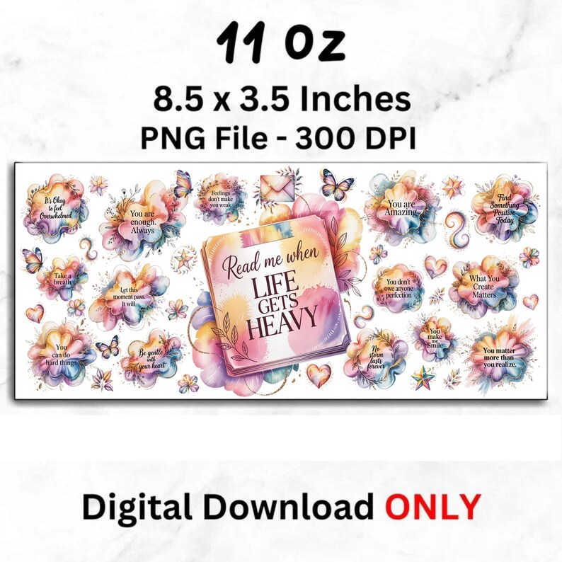 K&ouml;nnte beinhalten: Ein digitales Download-Design mit einem Buch mit dem Text &bdquo;Read me when LIFE GETS HEAVY&ldquo;. Das Design umfasst florale Elemente, Schmetterlinge und inspirierende Zitate. Die Abmessungen betragen 21,6 x 8,9 cm.