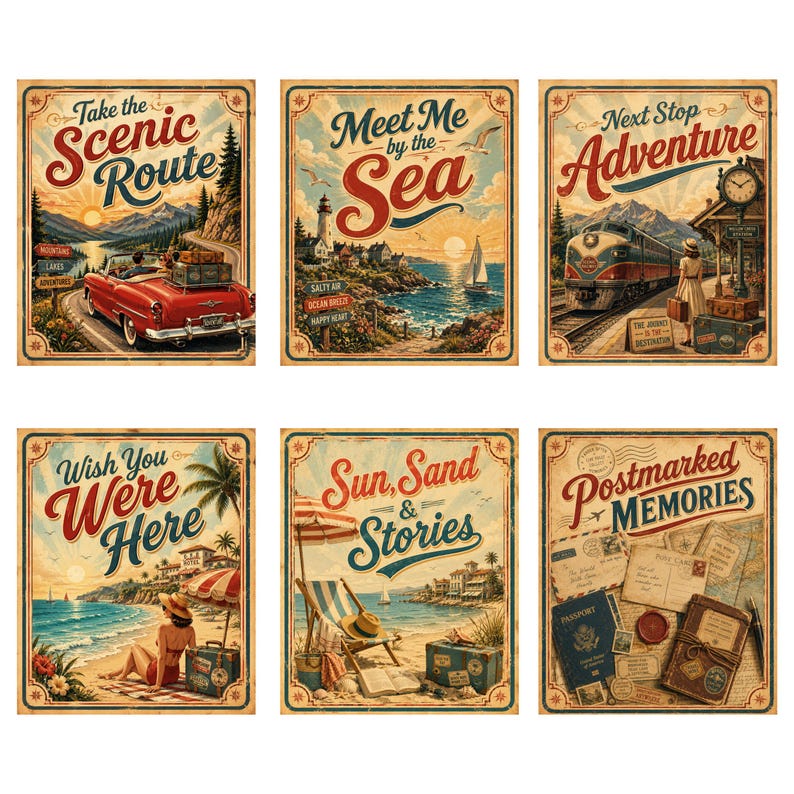 May include: Set of six vintage-style travel posters. Each poster features a different travel theme with text like "Scenic Route," "Meet Me by the Sea," and "Adventure." The posters have a distressed, aged look.