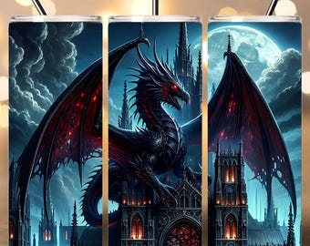 Fantasy Gothic Dragon 20oz Skinny Tumbler, Dragon Tumbler Wrap, Fantasy Dragon Lover Gift, Fantasy Dark Dragon, PNG Files Digital Download