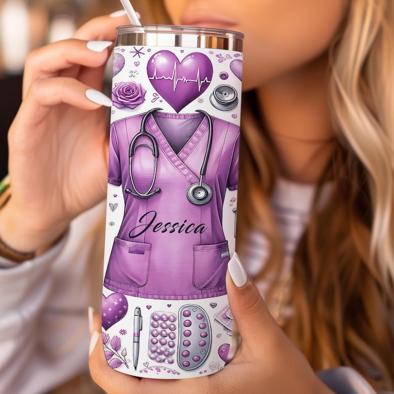 Nurse Tumbler Wrap PNG, 20oz Skinny Nurse Sublimation Design, Purple Personalized Nurse Png, Custom Nurse Tumbler Gift PNG Digital Download image 3
