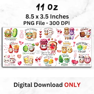 May include: A white rectangular digital download design with food-themed illustrations and text. The design includes images of a burger, noodles, coffee, jam, toast, and more. The dimensions are 8.5 x 3.5 inches, and the file is 11 oz.