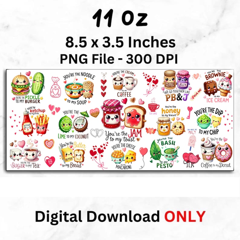 May include: A white rectangular digital download design with food-themed illustrations and text. The design includes images of a burger, noodles, coffee, jam, toast, and more. The dimensions are 8.5 x 3.5 inches, and the file is 11 oz.