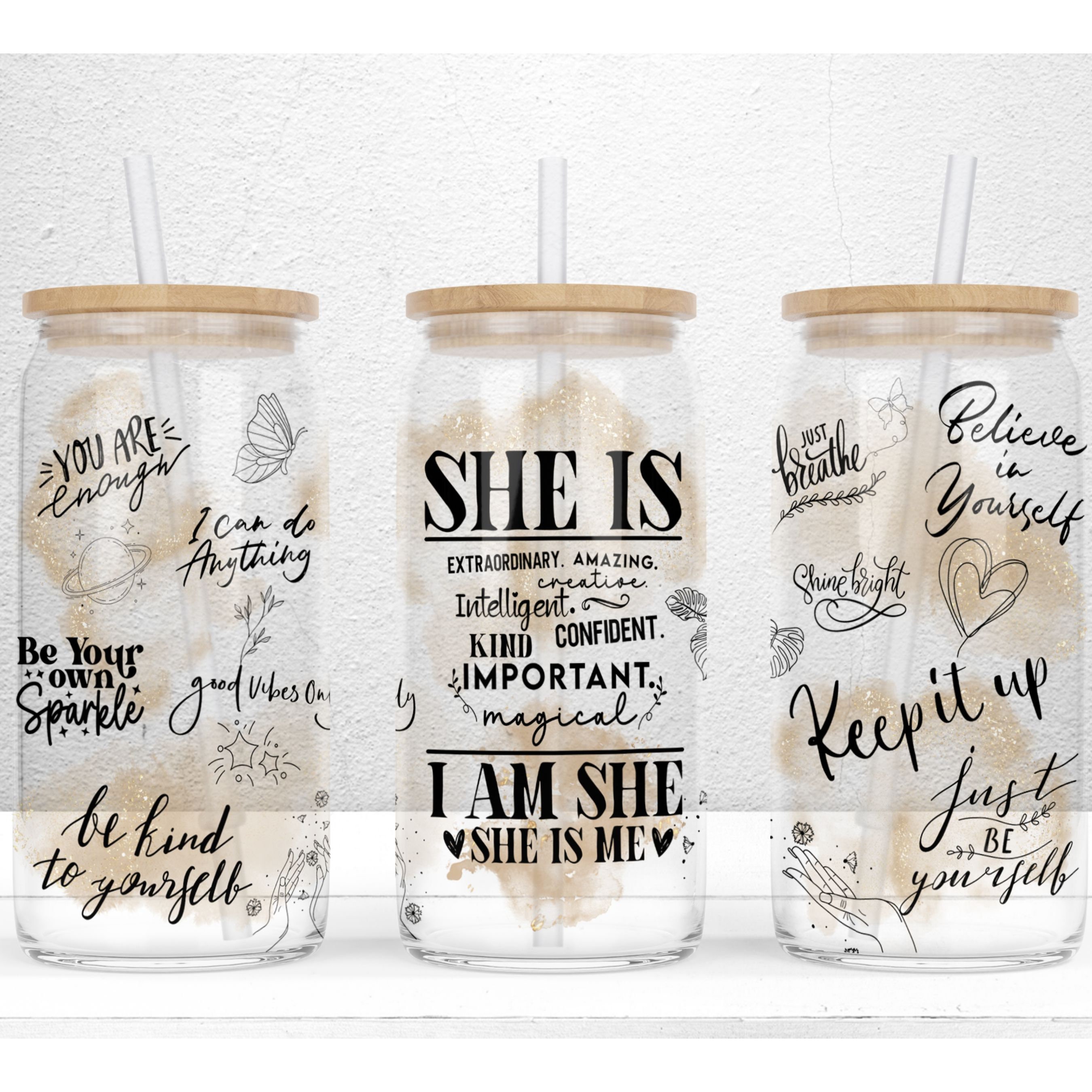 Daily SHE IS Affirmation 16oz Libbey Glass Can Tumbler Sublimation Design, Daily Affirmation Wrap, Self Love Wrap, PNG File Digital Download