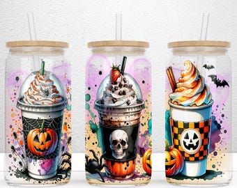 Halloween Iced Coffee Libbey Wrap, 16oz Libbey Glass Can Sublimation Design, Spooky Drink Wrap, Halloween Sublimation Cup PNG Digital File