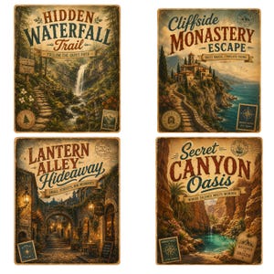 May include: Four vintage-style travel posters with a distressed look. Each poster features a different scenic location: a waterfall trail, a cliffside monastery, a lantern-lit alley, and a secret canyon. The posters have text that reads "Hidden Waterfall Trail", "Cliffside Monastery Escape", "Lantern Alley Hideaway", and "Secret Canyon Oasis".