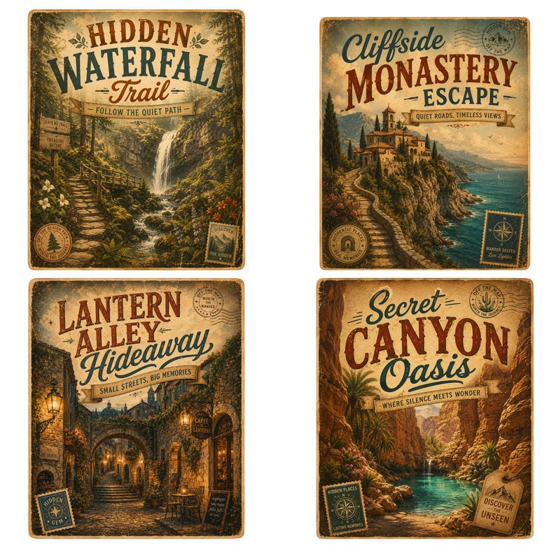 May include: Four vintage-style travel posters with a distressed look. Each poster features a different scenic location: a waterfall trail, a cliffside monastery, a lantern-lit alley, and a secret canyon. The posters have text that reads "Hidden Waterfall Trail", "Cliffside Monastery Escape", "Lantern Alley Hideaway", and "Secret Canyon Oasis".