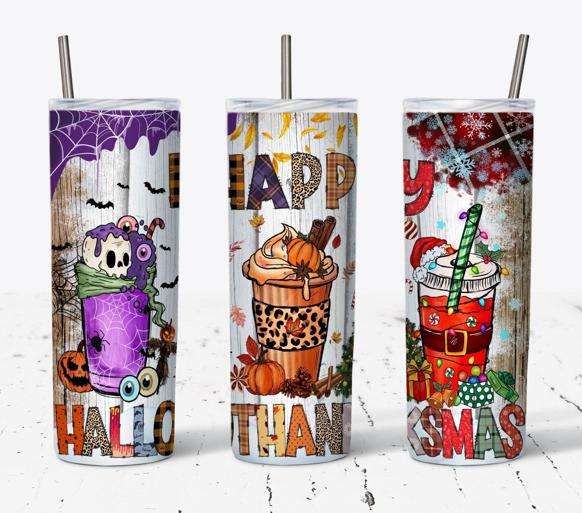Happy Hallowthanksmas 20 oz Skinny Tumbler Halloween PNG, Sublimation Design DIGITAL,Christmas png, Thanksgiving PNG, Funny Holiday Design