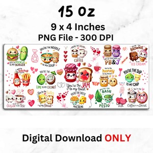 May include: A rectangular digital download design featuring food-themed illustrations with text. The design includes images of a burger, pickle, soup, coffee, jam, toast, and more. The dimensions are 9 x 4 inches.