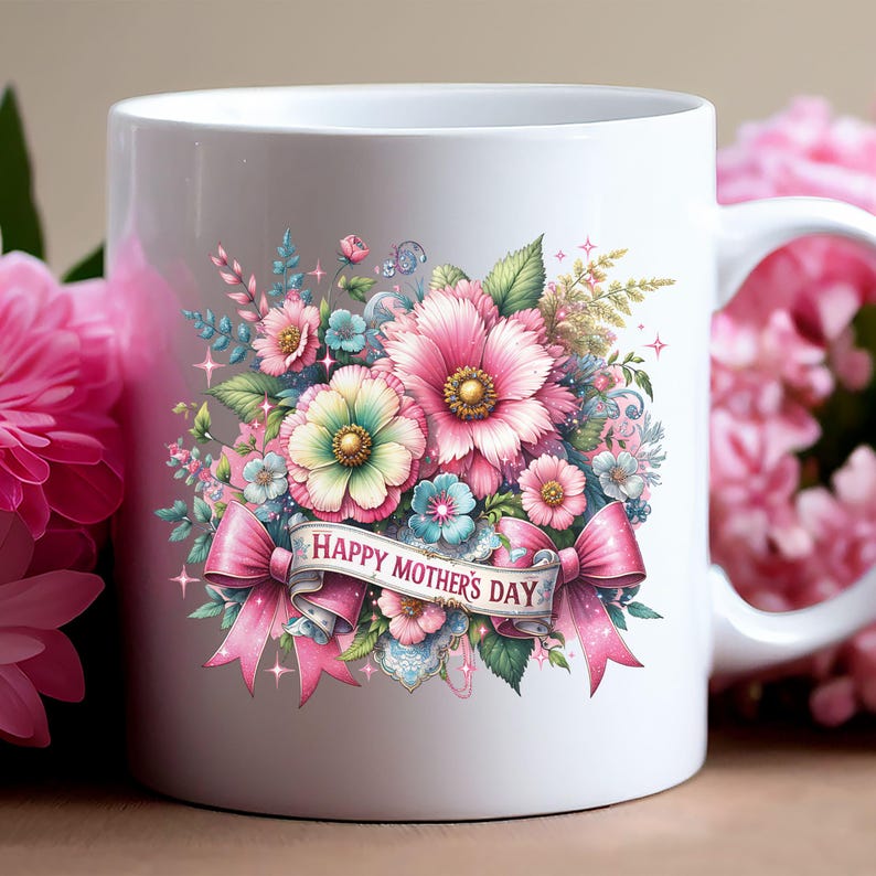 Peut inclure: Mug en c&eacute;ramique blanche avec un motif floral rose, bleu et vert et un ruban rose avec le texte "Joyeuse f&ecirc;te des m&egrave;res".