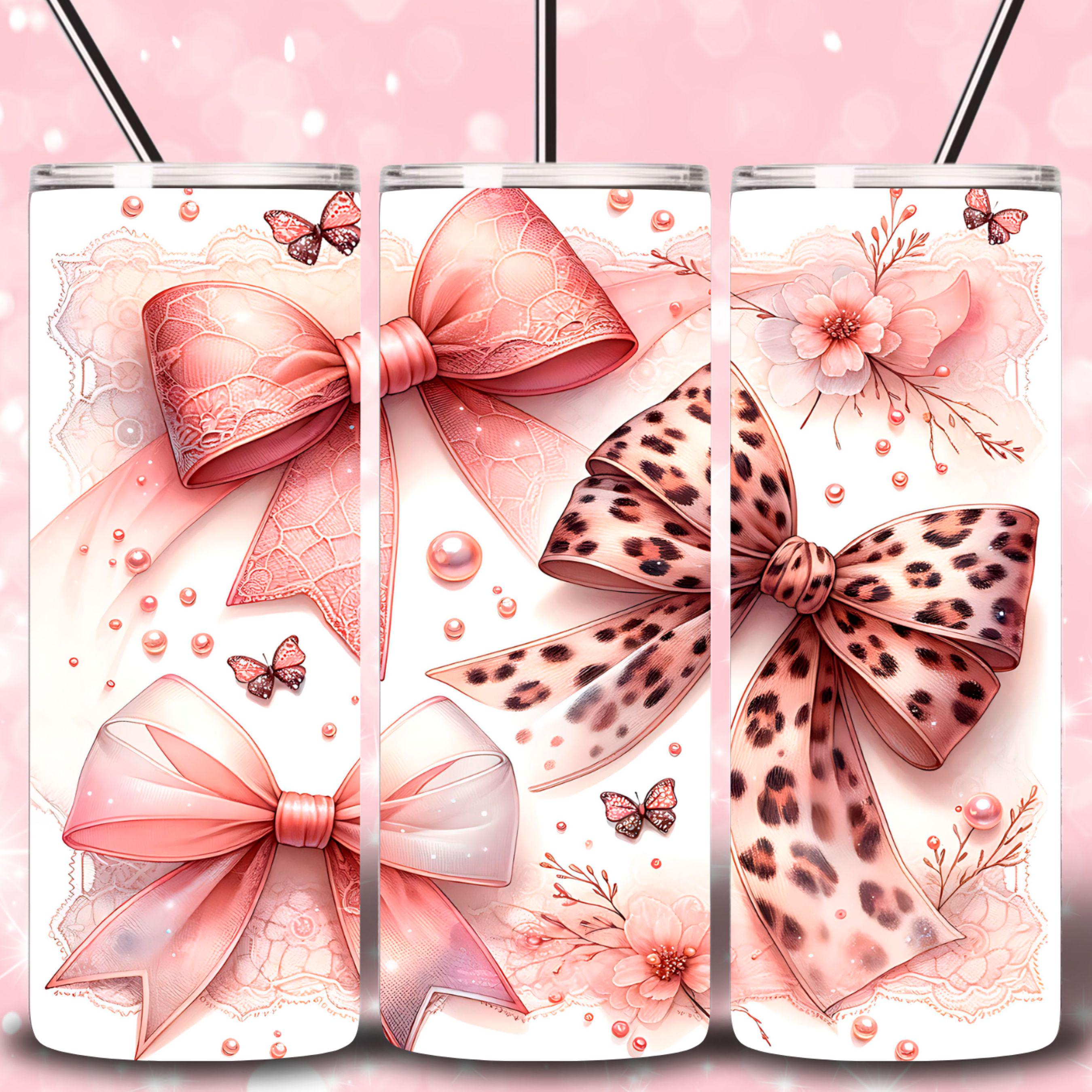 Leopard coquette roze strik 20oz magere beker sublimatie ontwerp, coquette beker wrap, girly girl tijdperk cadeau, luipaard strik digitale PNG-bestanden
