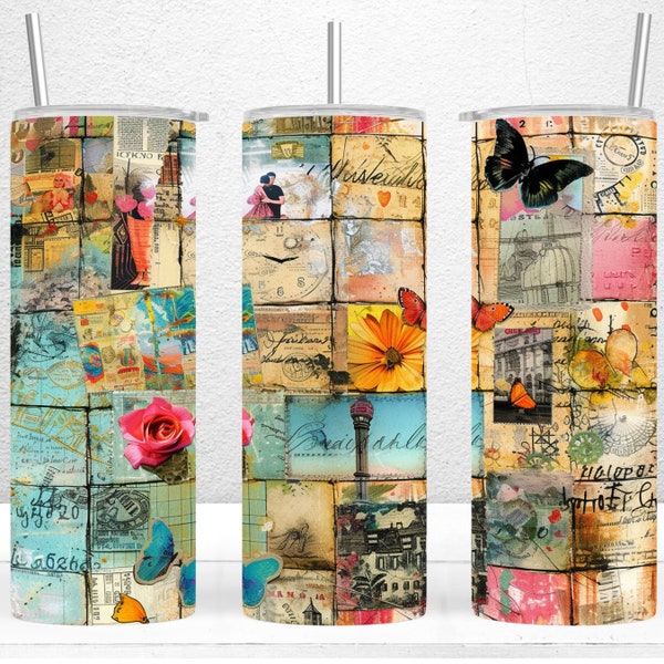 Scrapbook Collage Tumbler Wrap, 20oz Skinny Tumbler Sublimation Design, Scrapbook Tumbler Wrap, Vintage Tumbler Design, PNG Digital Download