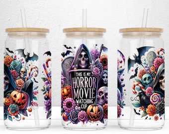 Horror Movies Watching Cup 16oz Libbey Glass Can Sublimation Design, Horror Glass Can, Horror Movies Glass Wrap PNG File Digital Download