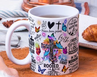 Christian Mug Wrap PNG 11oz & 15oz Mug Template, Butterfly Cross Bible Quotes, Faith Mug Design, Religious Mug Sublimation, Digital Download