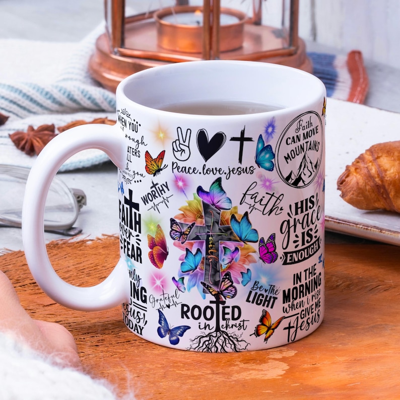 Christian Mug Wrap PNG 11oz & 15oz Mug Template, Butterfly Cross Bible Quotes, Faith Mug Design, Religious Mug Sublimation, Digital Download