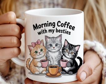 Tazza con gatto divertente, modello da 11 e 15 once, caffè mattutino con i miei migliori amici, tazza con gatto divertente, download digitale di file PNG