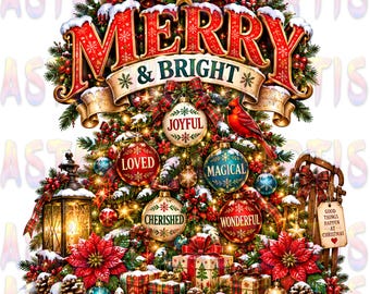 Merry and Bright Christmas PNG, Christmas Tree PNG, Vintage Holiday Sublimation, Christmas Shirt Design, Xmas PNG Digital Download