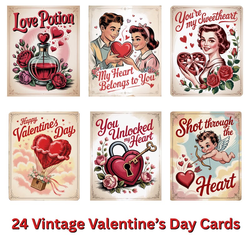 May include: A collection of 24 vintage Valentine's Day cards. Each card features romantic illustrations with hearts, roses, and couples. Text includes phrases like "Love Potion," "You're my Sweetheart," and "Happy Valentine's Day."