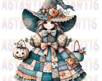 12 vintage Halloween-patchwork clipartbundel, rustieke heks, spook, pompoen, spookhuis png's, sublimatieontwerpen, girly griezelig seizoen