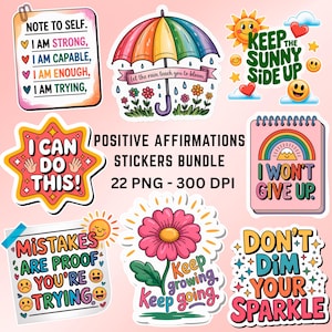 22 Positive Affirmations Printable Stickers Bundle, Mental Health Sticker, Print And Cut Sticker, Positive Sticker PNG File Digital Download