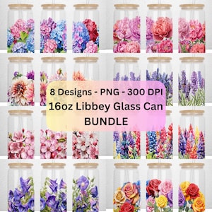 8 Floral Designs for 16oz Libbey Glass Bundle Wrap, Floral Bundle Wrap, Colorful Flowers Sublimation PNG, PNG Files Digital Download
