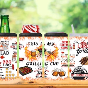 以下が含まれることがあります： さまざまなバーベキューをテーマにしたデザインが施された、カラフルな断熱飲料ホルダー6個セット。デザインには、「You don't win friends with salad」、「This is my grilling cup」、「Lord of the grill」、「Body built by burgers」などのテキストが書かれています。