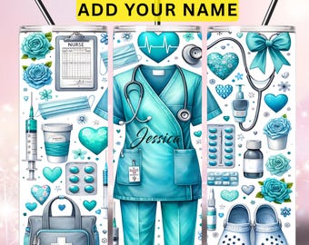 Emballage de gobelet infirmière PNG, 20 oz infirmière mince sublimation Design, bleu cadeau personnalisé infirmière, cadeau personnalisé gobelet infirmière téléchargement numérique PNG