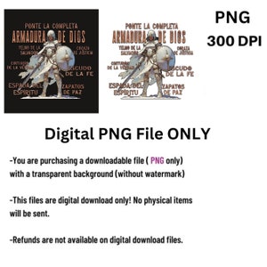 Pode incluir: Download digital de uma ilustra&ccedil;&atilde;o em preto e branco de um cavaleiro com armadura com o texto "Ponte la Completa Armadura de Dios" em espanhol. A imagem &eacute; de 300 DPI e tem um fundo transparente.