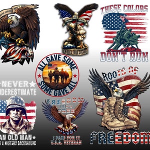 May include: Collection of patriotic designs featuring American flags, eagles, and military themes. Designs include text such as "These Colors Don't Run," "All Gave Some, Some Gave All," and "Freedom Isn't Free." The images are in red, white, blue, and brown.
