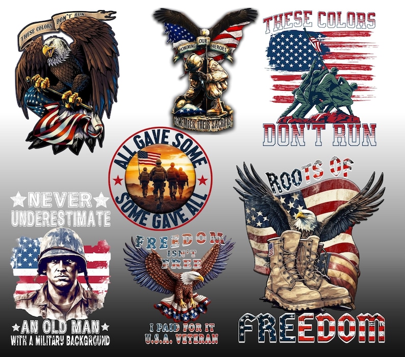 May include: Collection of patriotic designs featuring American flags, eagles, and military themes. Designs include text such as "These Colors Don't Run," "All Gave Some, Some Gave All," and "Freedom Isn't Free." The images are in red, white, blue, and brown.