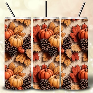 Fall Tumbler Wrap, 20oz Skinny Tumbler Sublimation Design, Fall Pumpkin and Pinecone Tumbler, Autumn Leaves PNG Files Digital Download
