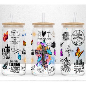Faith Affirmations 16oz Libbey Glass Can Sublimation Design, Faith Cross Libbey Glass Wrap, Glass Can Cup Cross, PNG File Digital Download