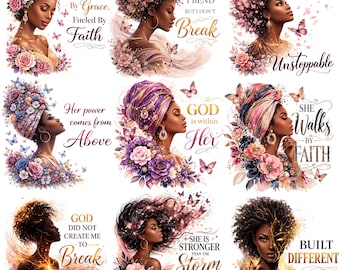 Paquete de imágenes prediseñadas de mujer negra inspiradora / Paquete de citas de fe, chica negra mágica PNG, chica negra cristiana PNG, sublimación de versículos bíblicos