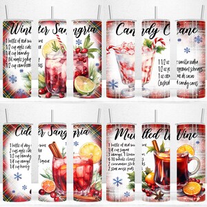 May include: Set of six 20 oz stainless steel tumblers with various holiday drink recipes printed on them. The tumblers feature a red and black plaid pattern and snowflakes. The recipes include Winter Sangria, Candy Cane, Cider Sangria, Mulled Wine, and more.