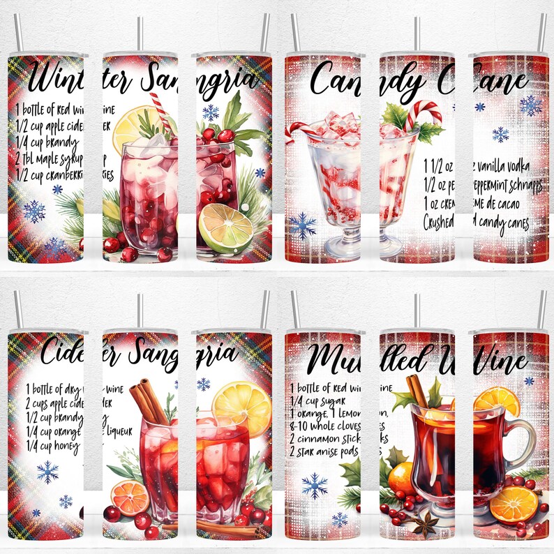 May include: Set of six 20 oz stainless steel tumblers with various holiday drink recipes printed on them. The tumblers feature a red and black plaid pattern and snowflakes. The recipes include Winter Sangria, Candy Cane, Cider Sangria, Mulled Wine, and more.