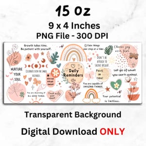 K&ouml;nnte beinhalten: Rechteckiger digitaler Download mit transparentem Hintergrund, der inspirierende Zitate und florale Illustrationen zeigt. Das Design umfasst einen Regenbogen, Schmetterlinge und den Text "Daily Reminders". Die Ma&szlig;e sind ca. 23 x 10 cm.