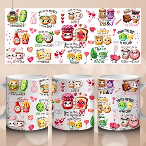 May include: White ceramic mug featuring a colorful, whimsical design with food-themed illustrations and text. The mug includes images of a burger, pickle, jam, toast, and other food pairings. The text includes phrases like "You're the Jam to my Toast."