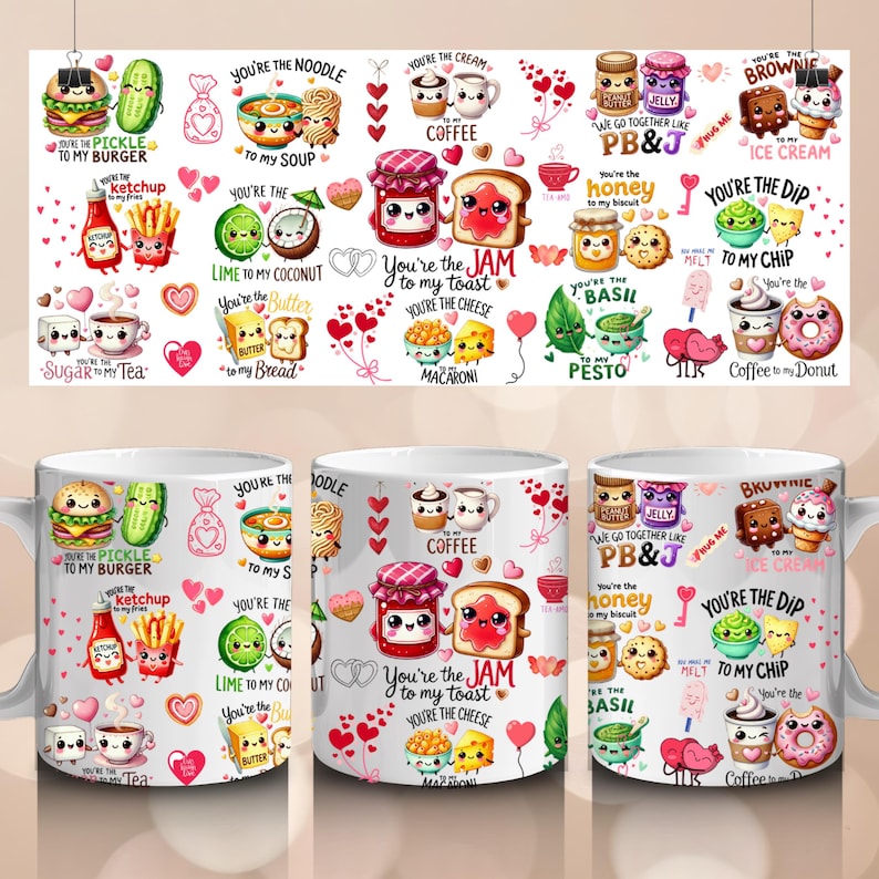 May include: White ceramic mug featuring a colorful, whimsical design with food-themed illustrations and text. The mug includes images of a burger, pickle, jam, toast, and other food pairings. The text includes phrases like "You're the Jam to my Toast."