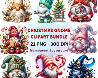 May include: A collection of nine colorful Christmas gnome clipart images. The gnomes wear festive hats and hold various holiday items. Text reads "Christmas Gnome Clipart Bundle" with details about the bundle.