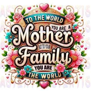 Puede incluir: Un diseño gráfico colorido con las palabras "TO THE WORLD YOU ARE A Mother BUT TO YOUR FAMILY YOU ARE THE WORLD". El diseño presenta elementos florales, corazones y un fondo brillante, perfecto para el Día de la Madre.