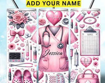 Nurse Tumbler Wrap PNG, 20oz Skinny Nurse Sublimation Design, Pink Personalized Nurse Gift, Custom  Nurse Tumbler Gift PNG Digital Download