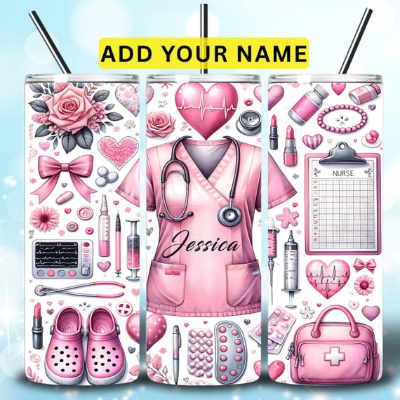 Nurse Tumbler Wrap PNG, 20oz Skinny Nurse Sublimation Design, Pink Personalized Nurse Gift, Custom  Nurse Tumbler Gift PNG Digital Download