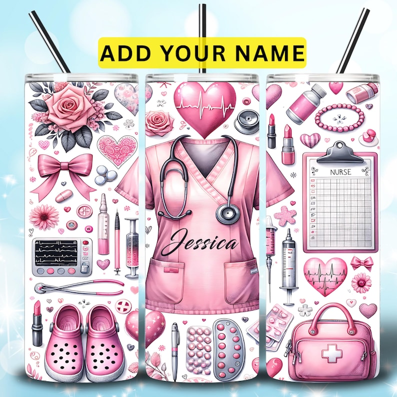 Nurse Tumbler Wrap PNG, 20oz Skinny Nurse Sublimation Design, Pink Personalized Nurse Gift, Custom  Nurse Tumbler Gift PNG Digital Download