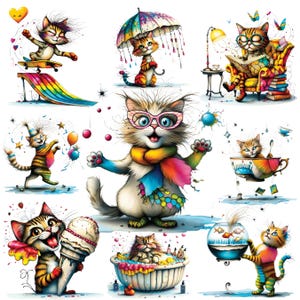14 Funny Quirky Cat Clipart Bundle PNG, Whimsical Kitten Sublimation Clipart, Quirky Animals Clip Art, Bundle, Funny Kitten, Cat Lover Gift