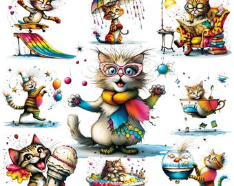 14 Funny Quirky Cat Clipart Bundle PNG, Whimsical Kitten Sublimation Clipart, Quirky Animals Clip Art, Bundle, Funny Kitten, Cat Lover Gift