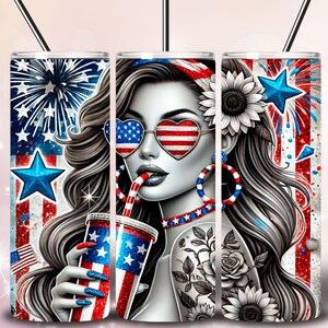 Amerikanische Frau 4. Juli 20 Unze Skinny Tumbler Sublimationsdesign, 4. Juli Tumbler Wrap, Vaterländische Tumbler PNG-Dateien Digitaler Download