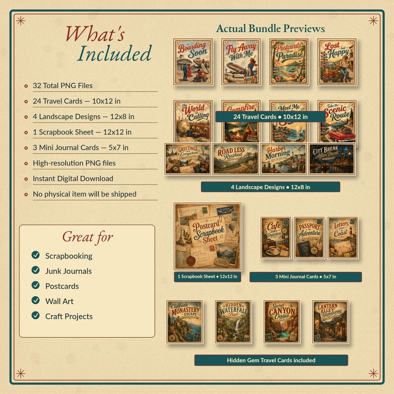 May include: Digital travel-themed scrapbook kit with vintage postcard designs. Includes 32 PNG files, 24 travel cards (10x12 in), 4 landscape designs (12x8 in), a scrapbook sheet (12x12 in), and mini journal cards (5x7 in). Perfect for scrapbooking, junk journals, and wall art.
