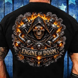 May include: Black t-shirt featuring a detailed graphic of a skull wearing a hood, surrounded by flames and engine components. The text "ENGINE OF DOOM" is displayed on a banner below the skull. The design has a dark, edgy aesthetic.
