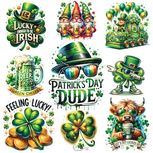 Op de afbeelding: Een set van tien digitale clipart-afbeeldingen met verschillende thema's rond St. Patrick's Day. De afbeeldingen omvatten een kabouter, een klavertjevier, een bierpul, een stier en een bord met de tekst "Lucky Enough to be Irish".