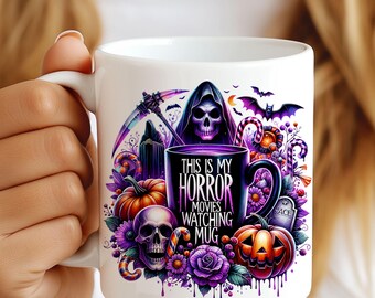 Esta es mi envoltura de taza para ver películas de terror, envoltura de taza de terror de 11 oz y 15 oz, envoltura de taza de Halloween, taza de películas de miedo PNG Descarga digital